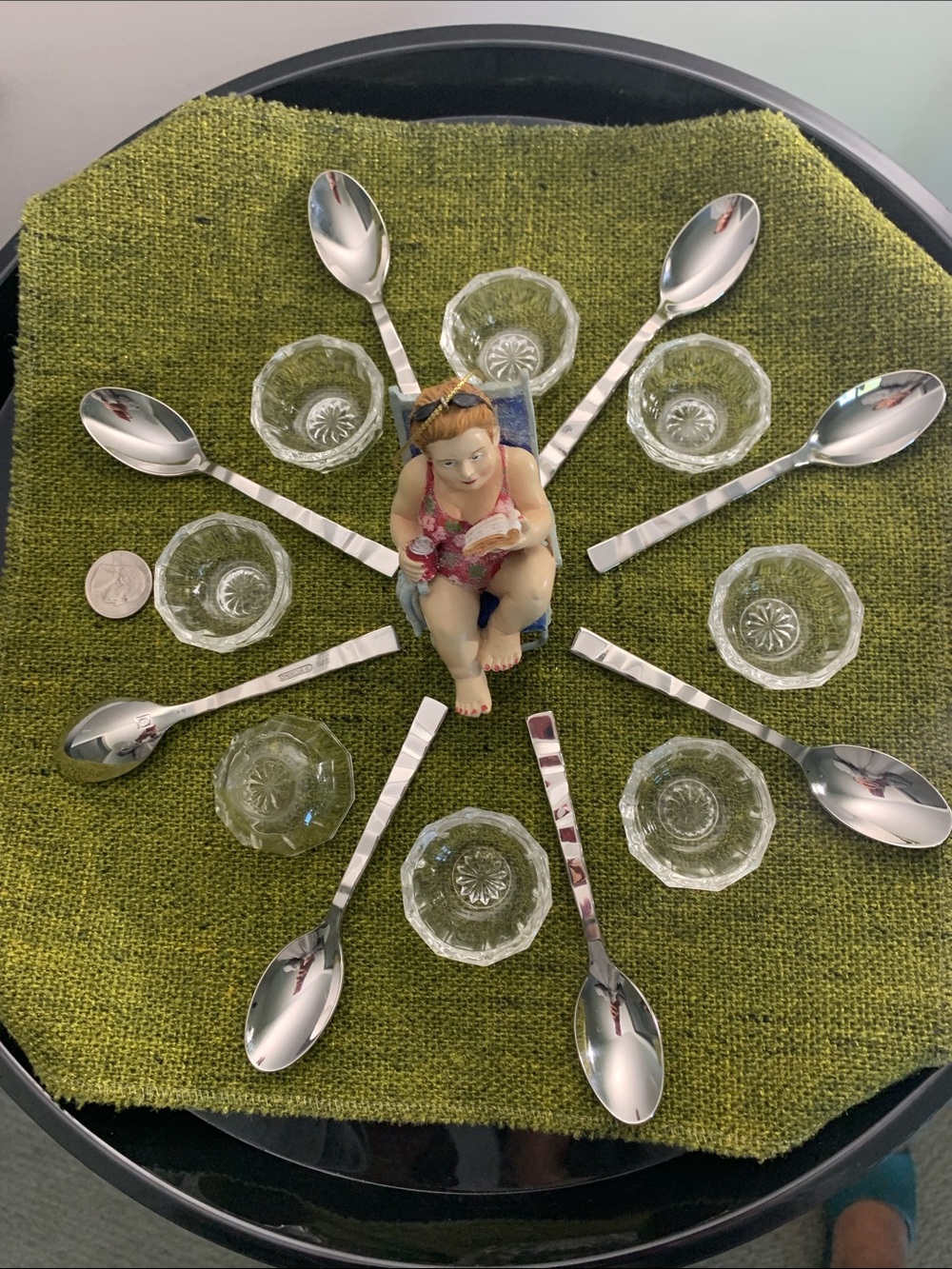 Glass Salt Dips S/8 & Demi Spoons S/8 = 18 pieces Excellent Condition